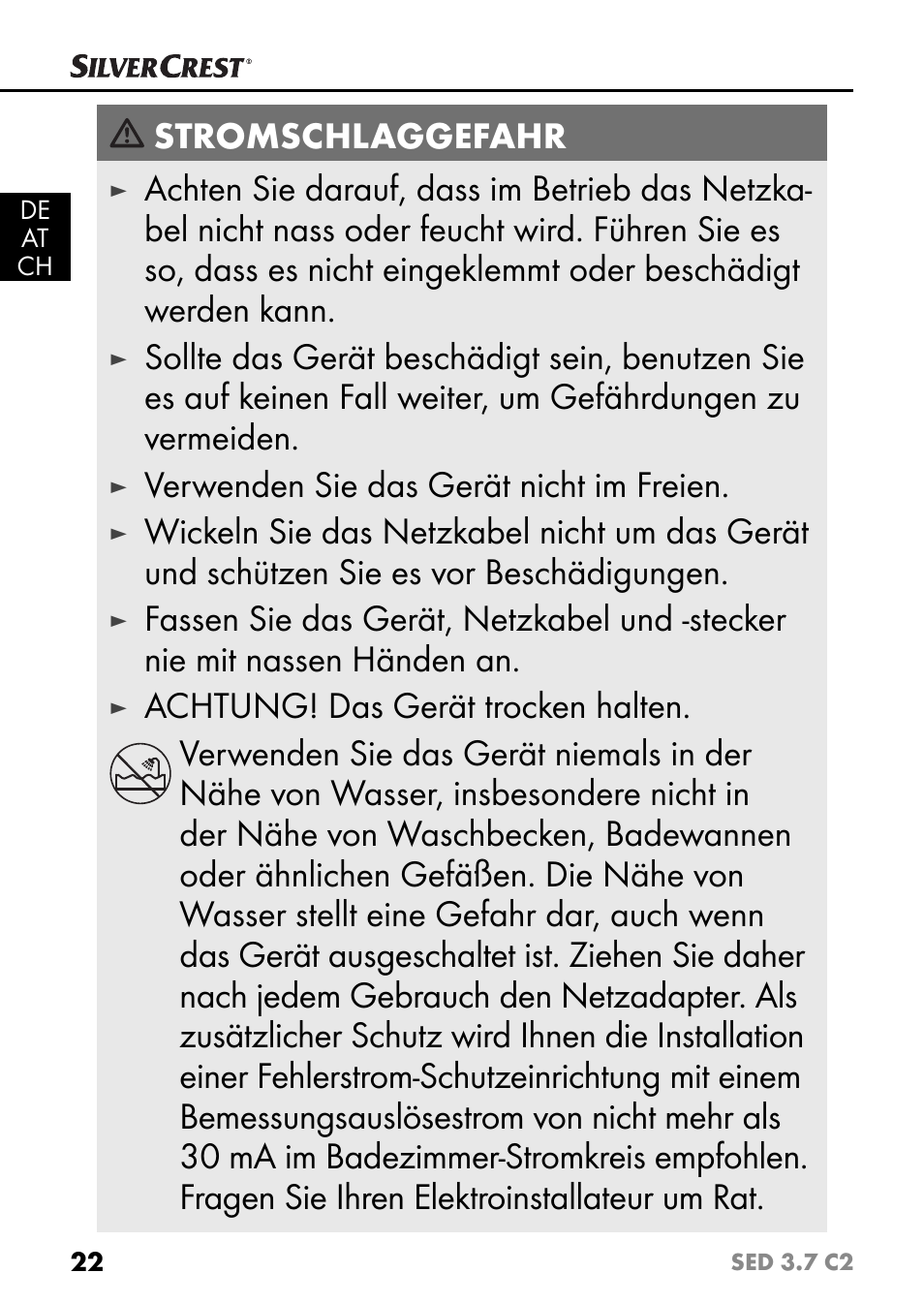 Stromschlaggefahr, Verwenden sie das gerät nicht im freien | Silvercrest SED 3.7 C2 User Manual | Page 25 / 52
