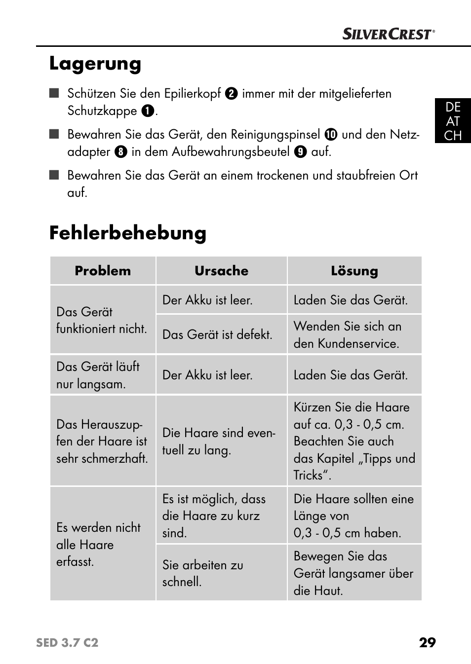 Lagerung, Fehlerbehebung | Silvercrest SED 3.7 C2 User Manual | Page 32 / 52
