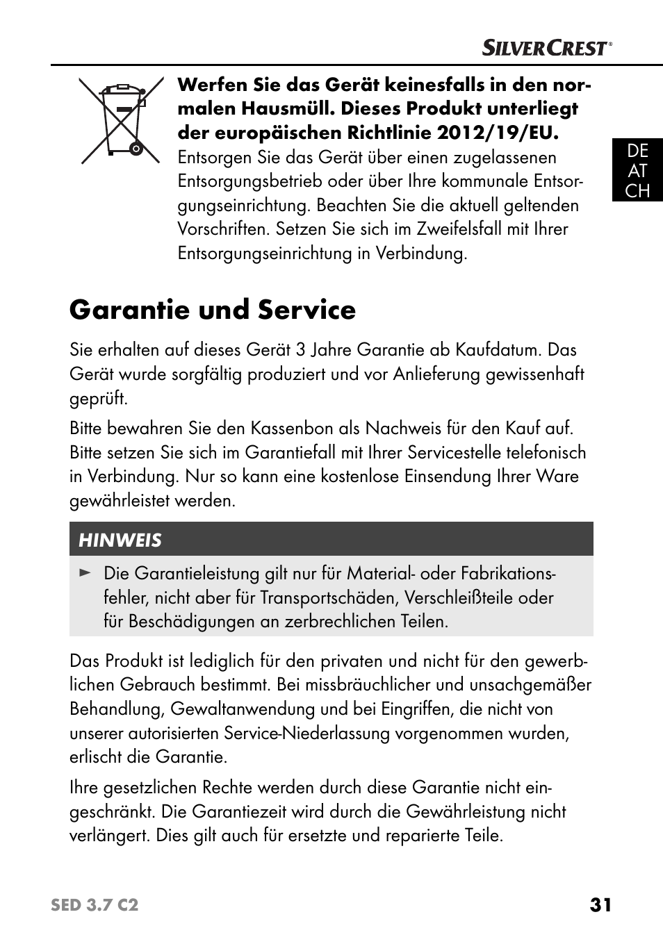 Garantie und service | Silvercrest SED 3.7 C2 User Manual | Page 34 / 52