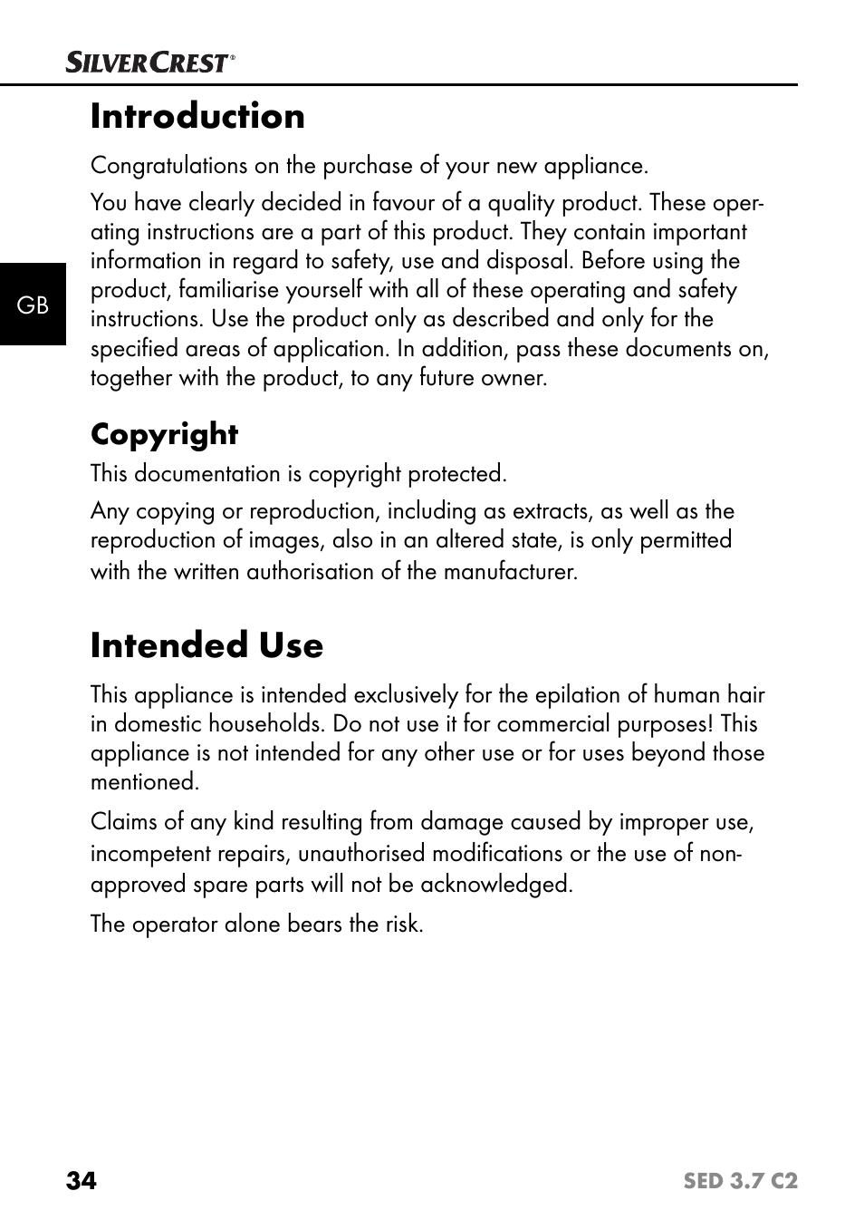 Introduction, Intended use, Copyright | Silvercrest SED 3.7 C2 User Manual | Page 37 / 52