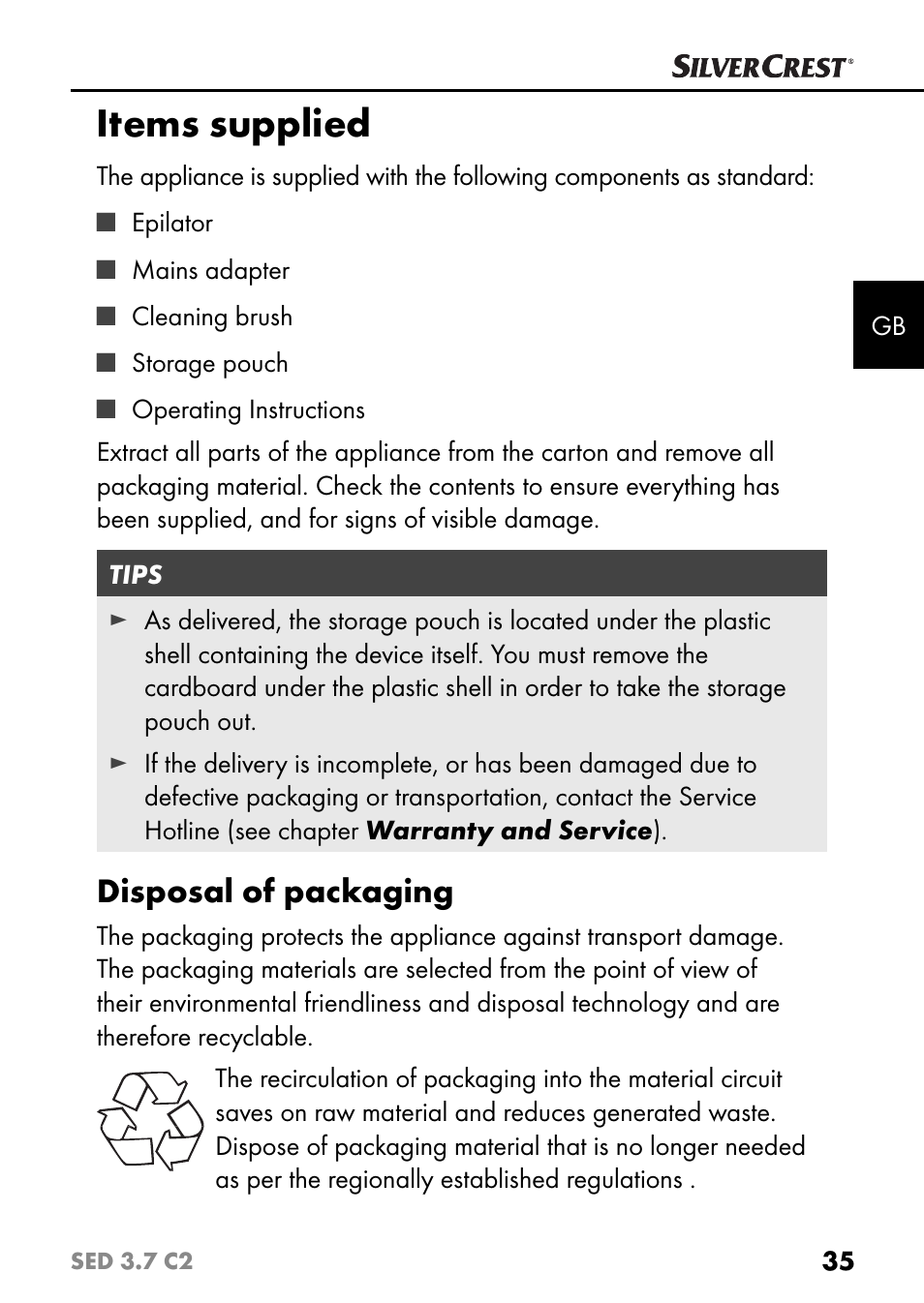 Items supplied, Disposal of packaging | Silvercrest SED 3.7 C2 User Manual | Page 38 / 52