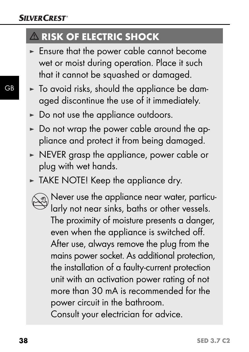 Risk of electric shock, Do not use the appliance outdoors | Silvercrest SED 3.7 C2 User Manual | Page 41 / 52