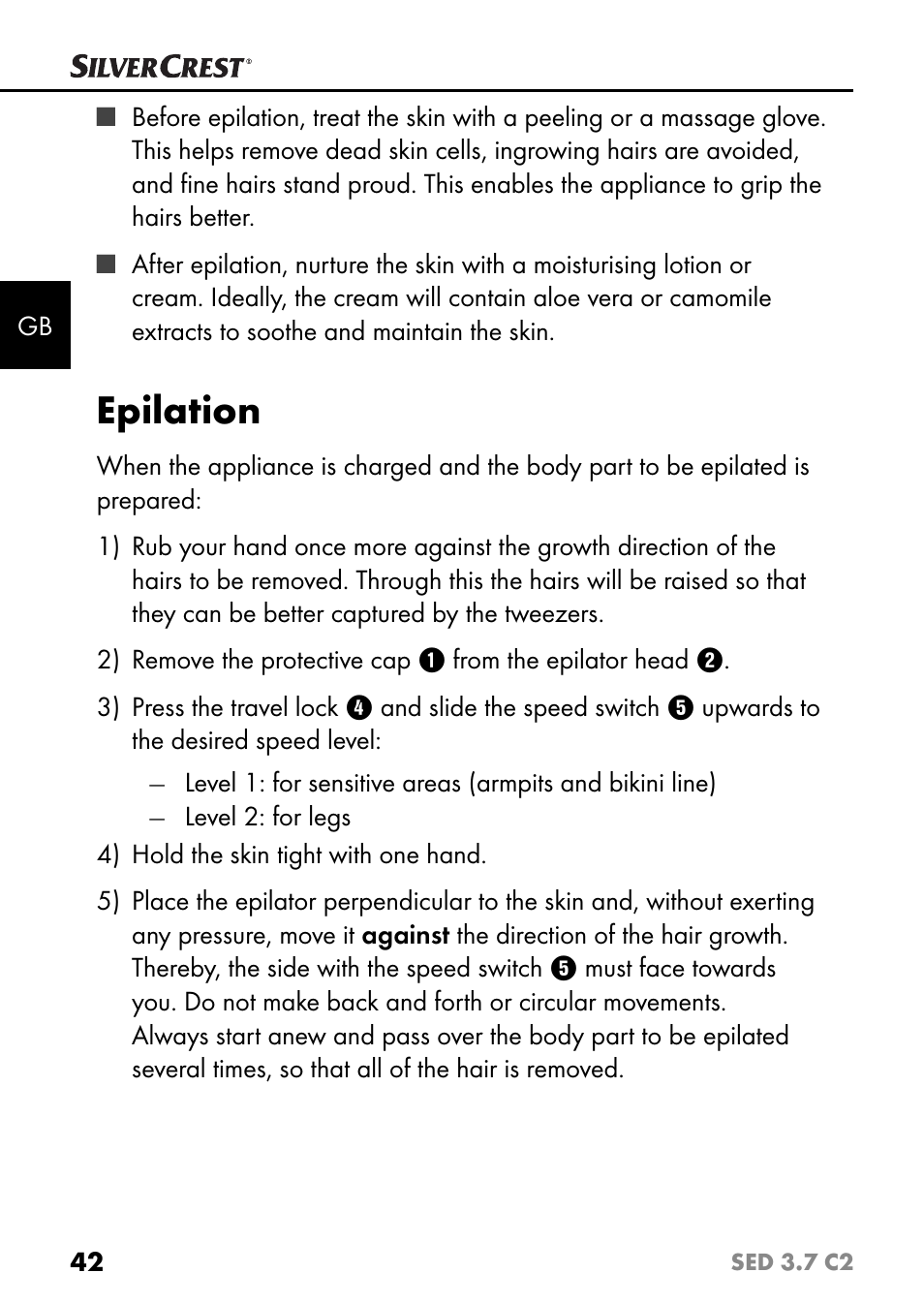 Epilation | Silvercrest SED 3.7 C2 User Manual | Page 45 / 52