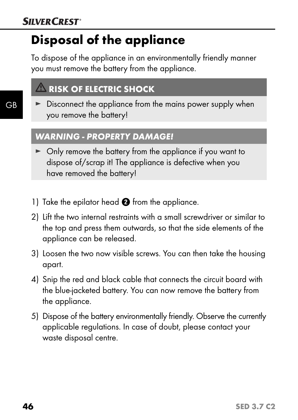 Disposal of the appliance | Silvercrest SED 3.7 C2 User Manual | Page 49 / 52