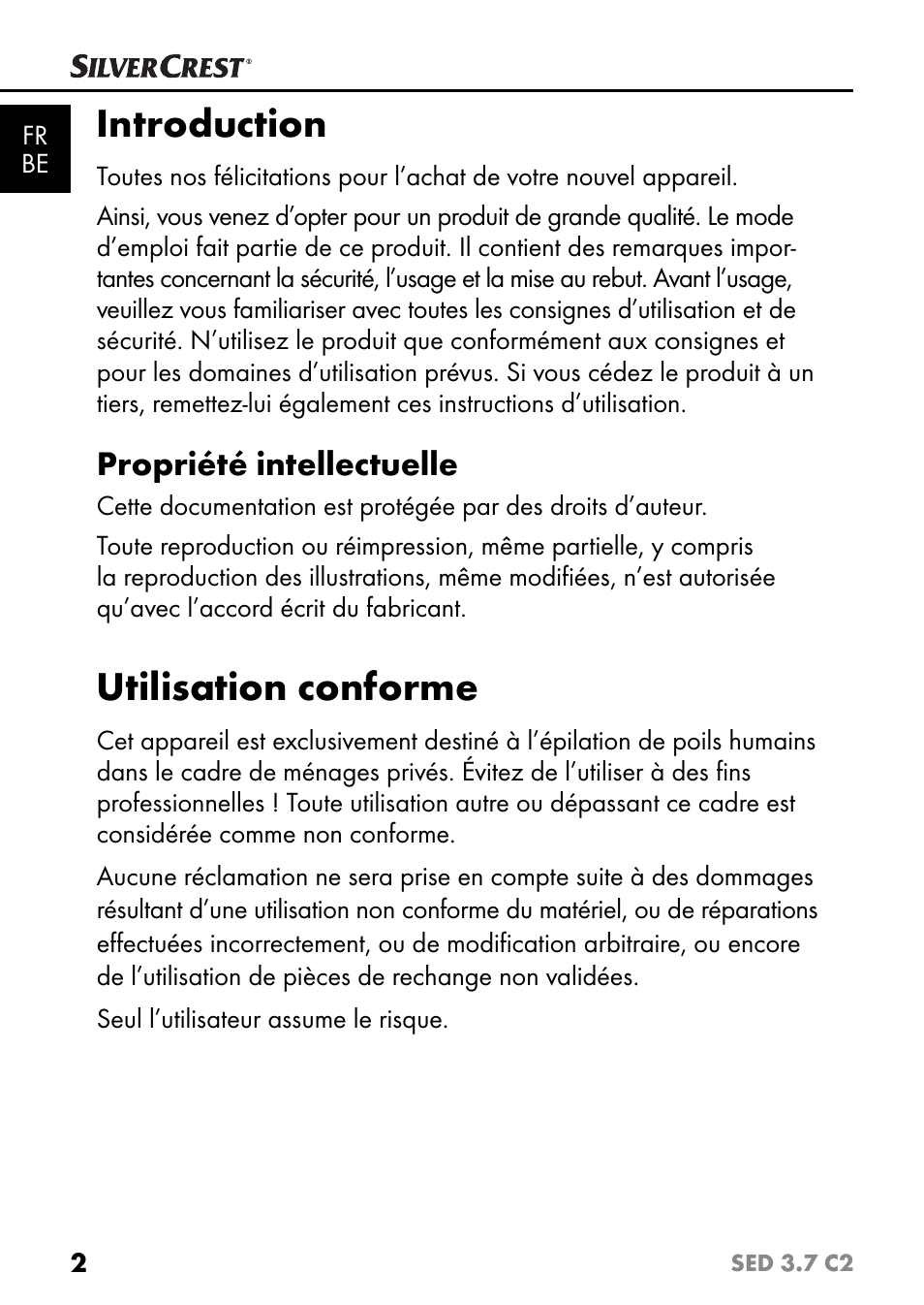 Introduction, Utilisation conforme, Propriété intellectuelle | Silvercrest SED 3.7 C2 User Manual | Page 5 / 52