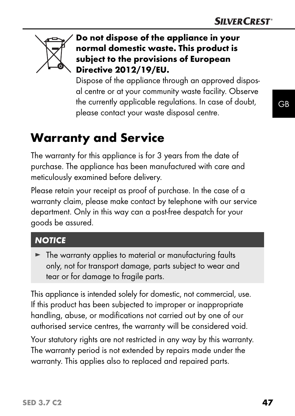 Warranty and service | Silvercrest SED 3.7 C2 User Manual | Page 50 / 52