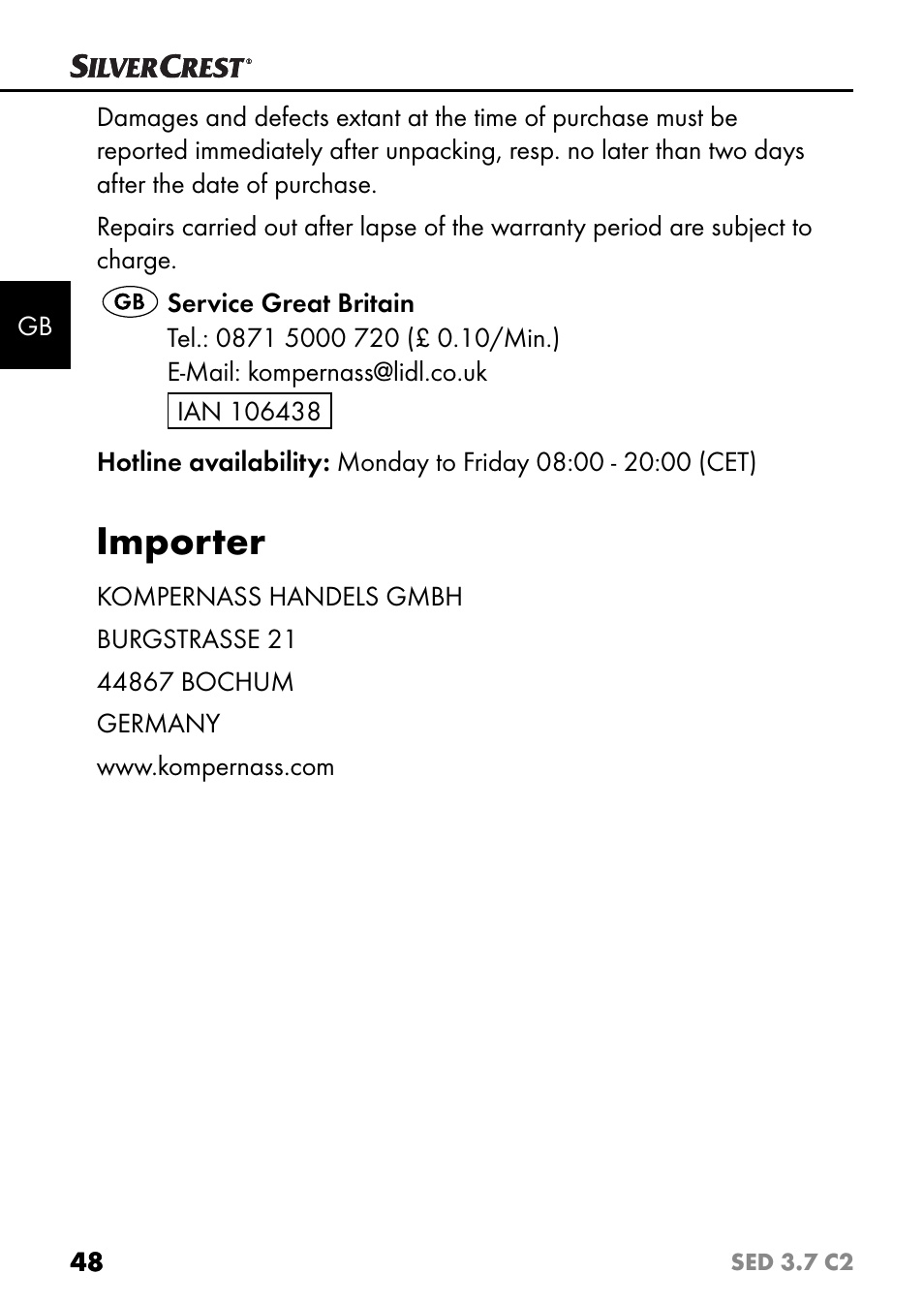 Importer | Silvercrest SED 3.7 C2 User Manual | Page 51 / 52