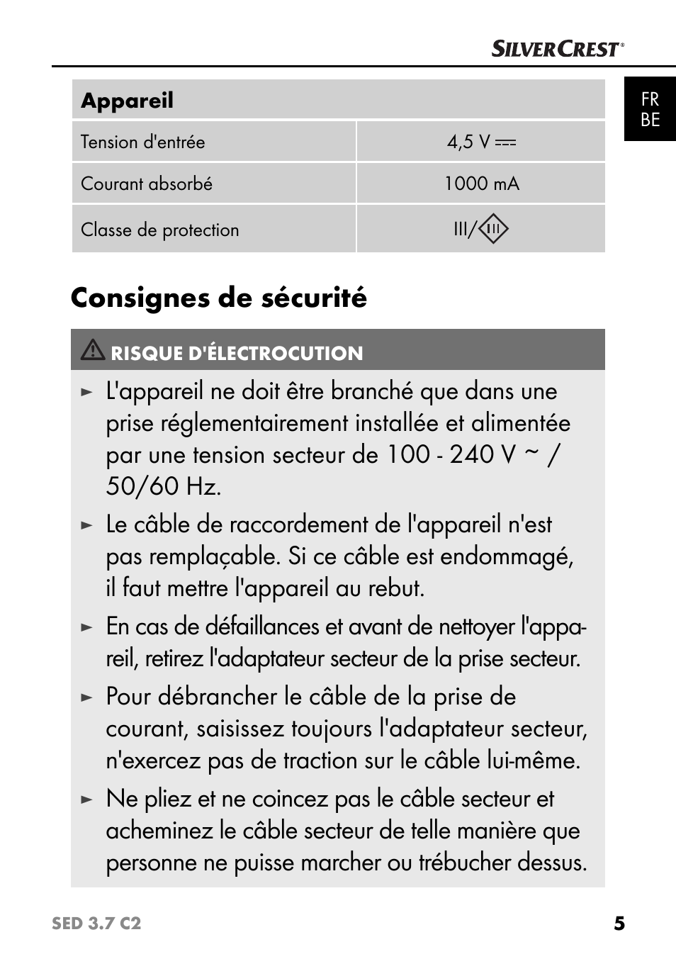 Consignes de sécurité | Silvercrest SED 3.7 C2 User Manual | Page 8 / 52