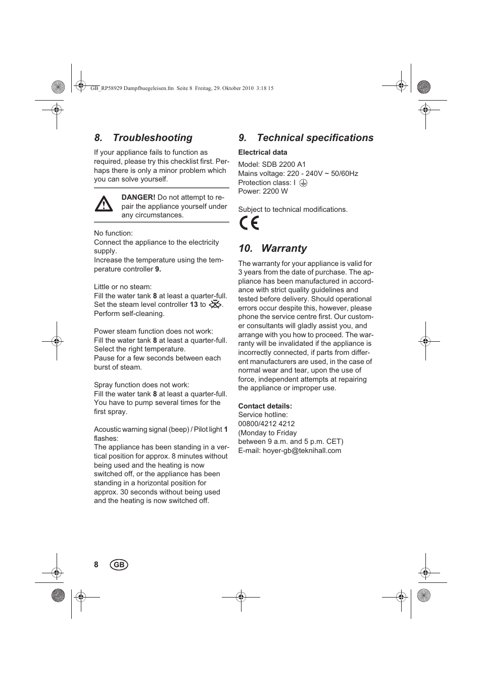 Troubleshooting, Technical specifications, Warranty | Silvercrest SDB 2200 A1 User Manual | Page 10 / 14