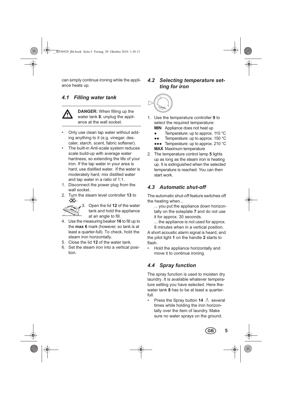 1 filling water tank, 2 selecting temperature set- ting for iron, 3 automatic shut-off | 4 spray function | Silvercrest SDB 2200 A1 User Manual | Page 7 / 14