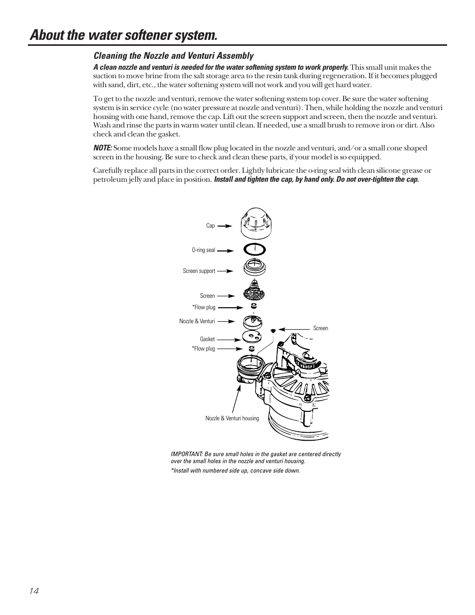 Cleaning the nozzle and venturi assembly, About the water softener system | Diamond Power Products GXSF27B User Manual | Page 14 / 32