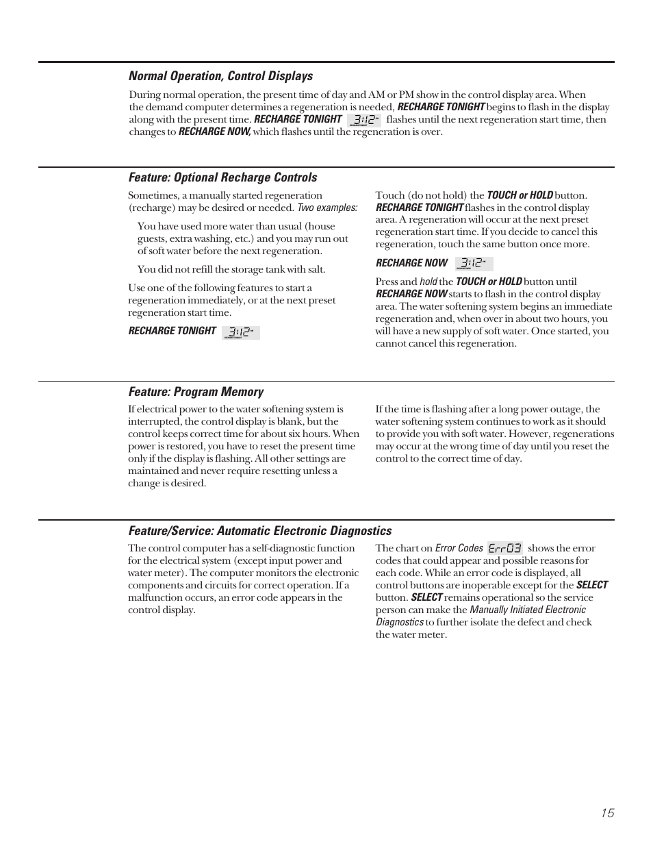 Control displays, Features, Features , 16 | Feature/service: automatic electronic diagnostics, Normal operation, control displays, Feature: optional recharge controls | Diamond Power Products GXSF27B User Manual | Page 15 / 32
