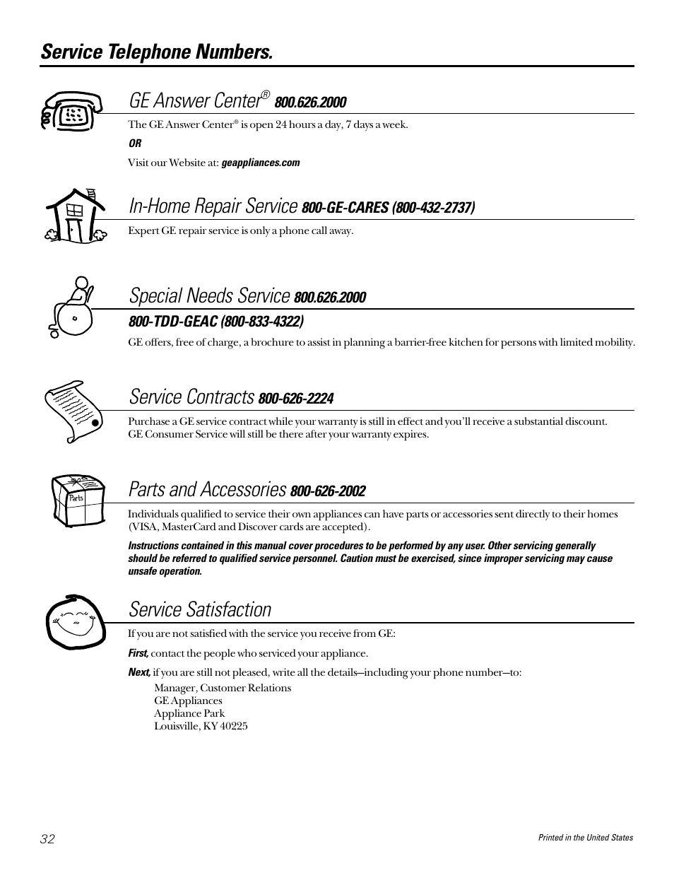 Important phone numbers, Service telephone numbers. ge answer center, In-home repair service | Special needs service, Service contracts, Parts and accessories, Service satisfaction | Diamond Power Products GXSF27B User Manual | Page 32 / 32