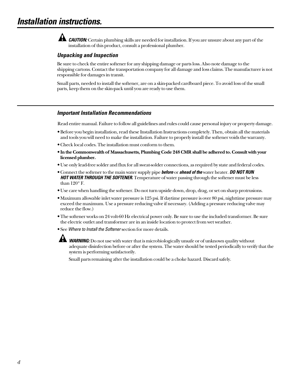 Important recommedations, Installation instructions, Unpacking and inspection | Diamond Power Products GXSF27B User Manual | Page 4 / 32