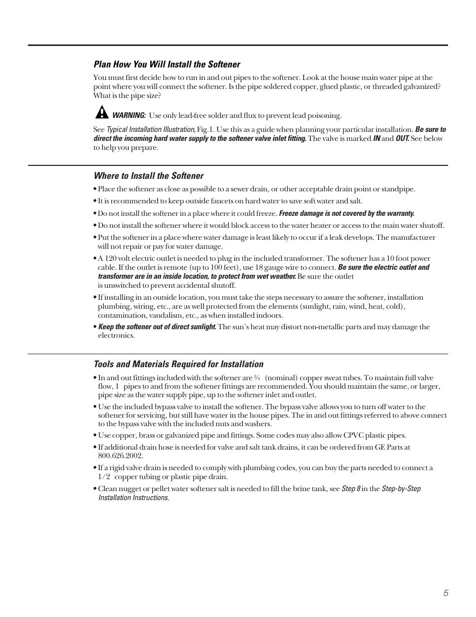 Planning and location, Tools and materials required, Where to install the softener | Tools and materials required for installation, Plan how you will install the softener | Diamond Power Products GXSF27B User Manual | Page 5 / 32