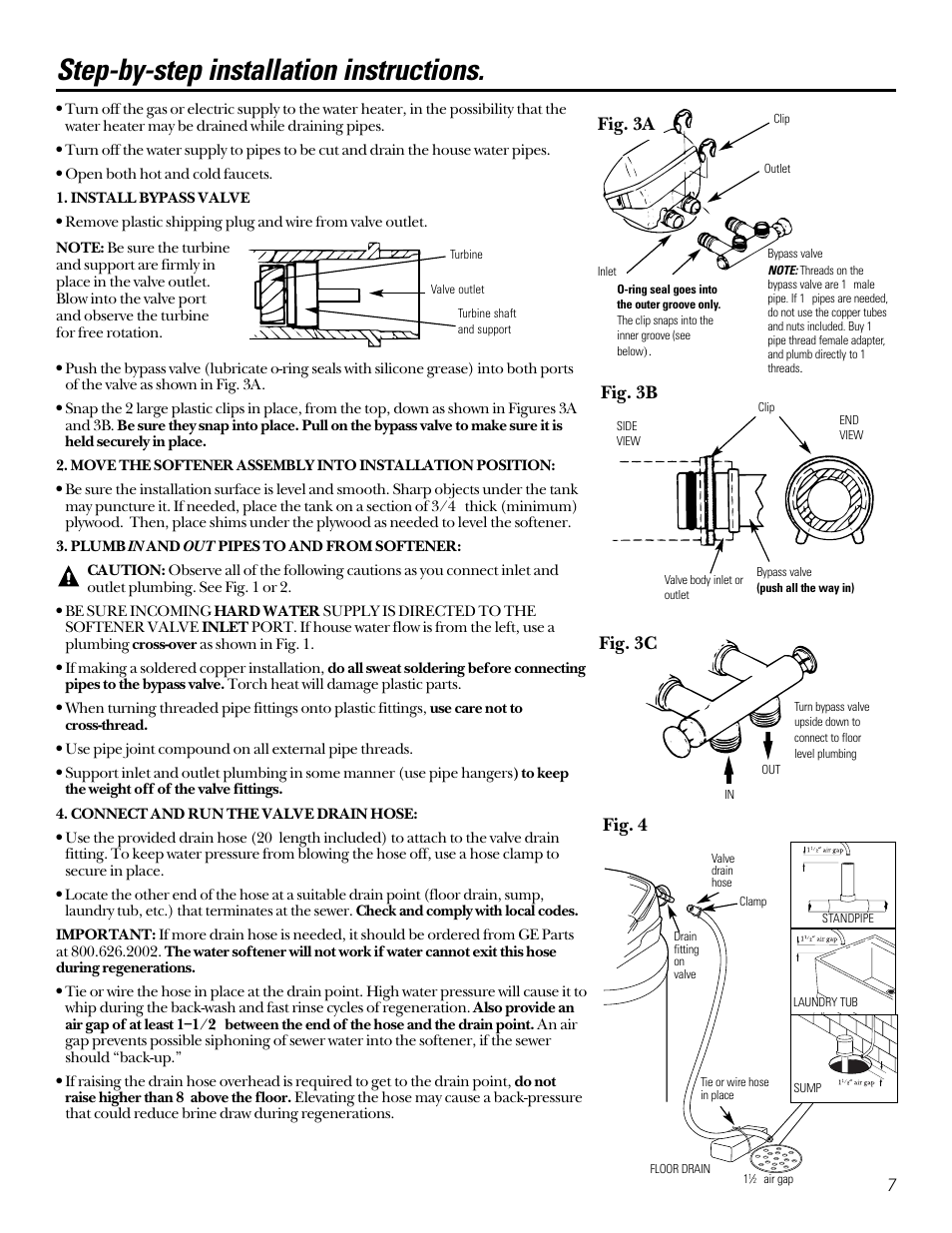Drain connections, Step-by-step instructions, Drain connections , 8 | Step-by-step instructions –11, Step-by-step installation instructions, Fig. 3a fig. 3b fig. 3c fig. 4 | Diamond Power Products GXSF27B User Manual | Page 7 / 32