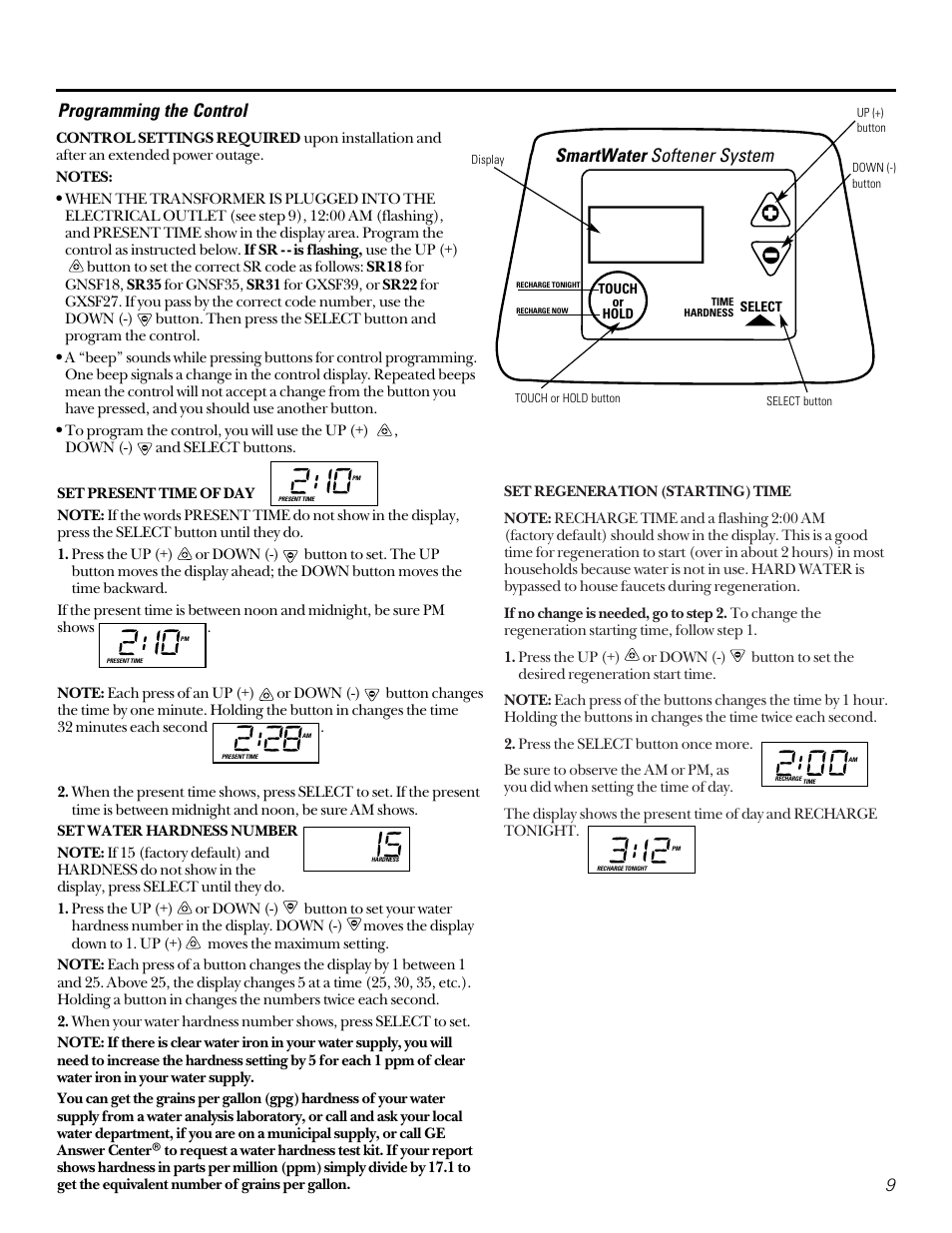 Programming the control, Smartwater softener system | Diamond Power Products GXSF27B User Manual | Page 9 / 32