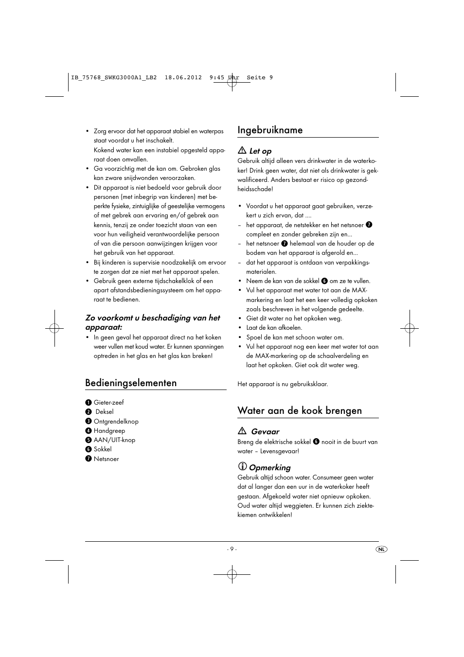 Bedieningselementen, Ingebruikname, Water aan de kook brengen | Silvercrest SWKG 3000 A1 User Manual | Page 11 / 26