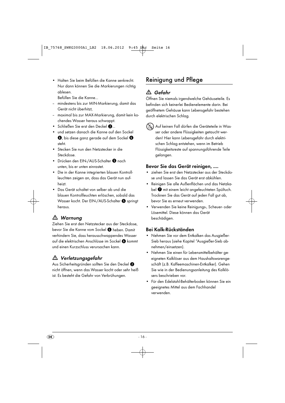 Reinigung und pflege, Warnung, Verletzungsgefahr | Gefahr, Bevor sie das gerät reinigen, Bei kalk-rückständen | Silvercrest SWKG 3000 A1 User Manual | Page 18 / 26
