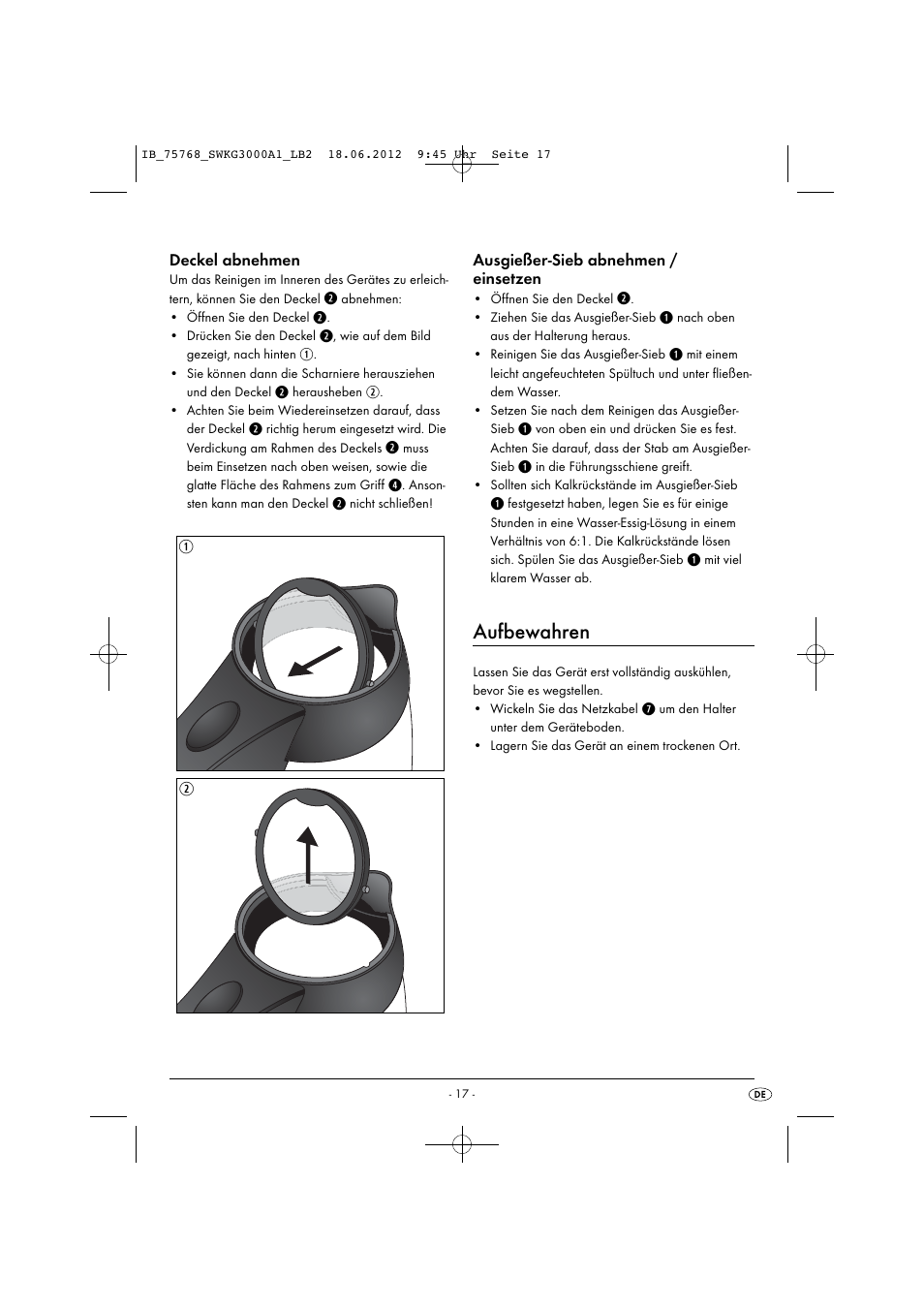 Aufbewahren | Silvercrest SWKG 3000 A1 User Manual | Page 19 / 26