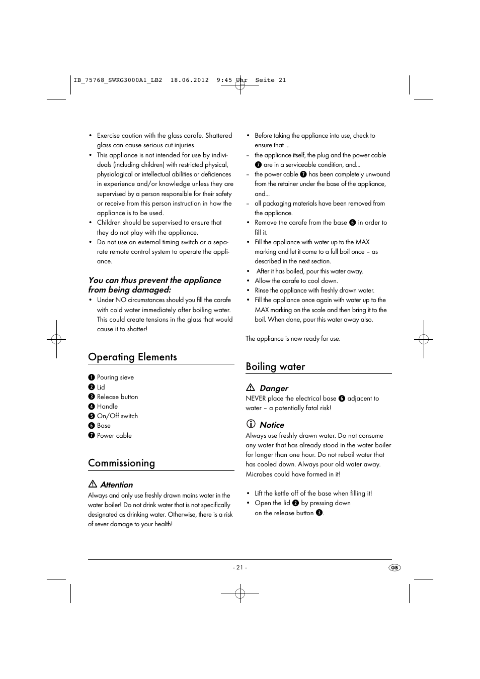 Operating elements, Commissioning, Boiling water | Silvercrest SWKG 3000 A1 User Manual | Page 23 / 26