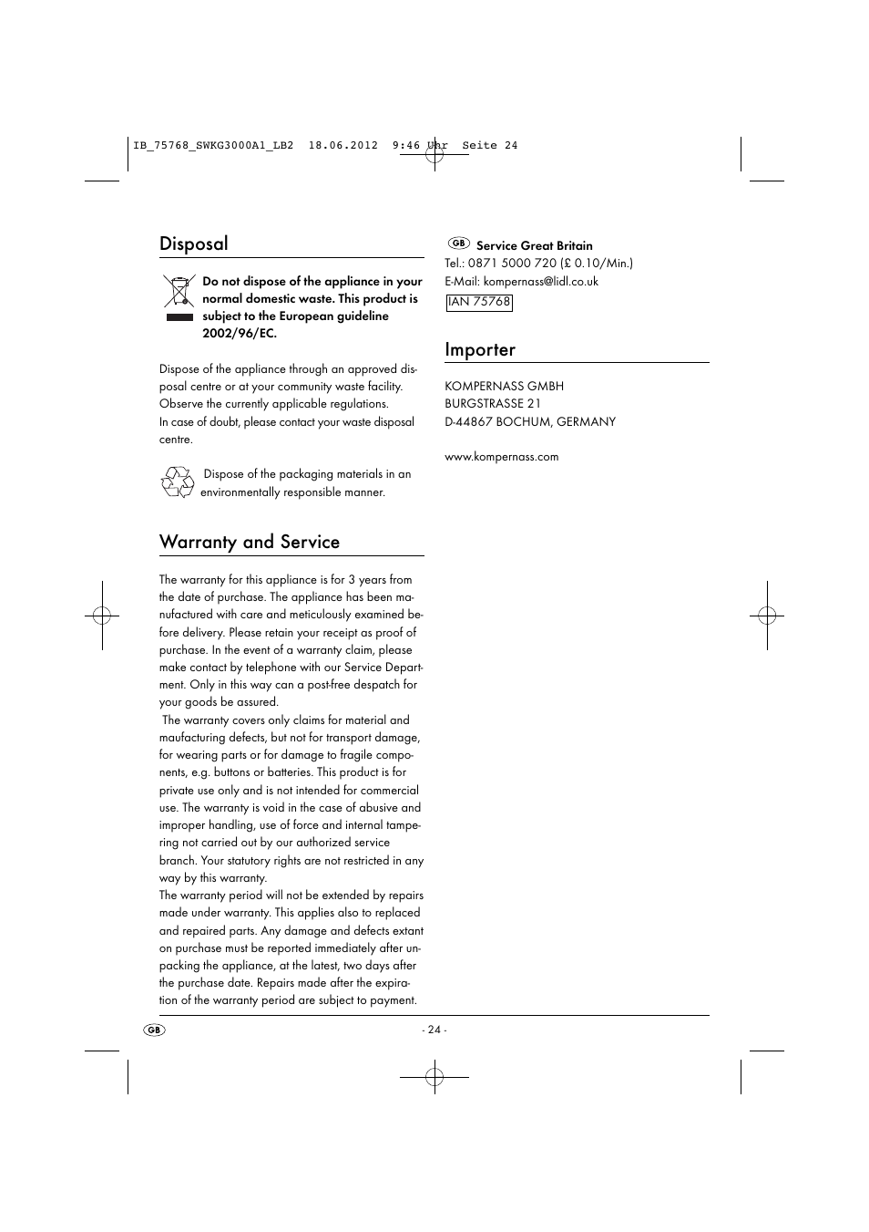 Disposal, Warranty and service, Importer | Silvercrest SWKG 3000 A1 User Manual | Page 26 / 26