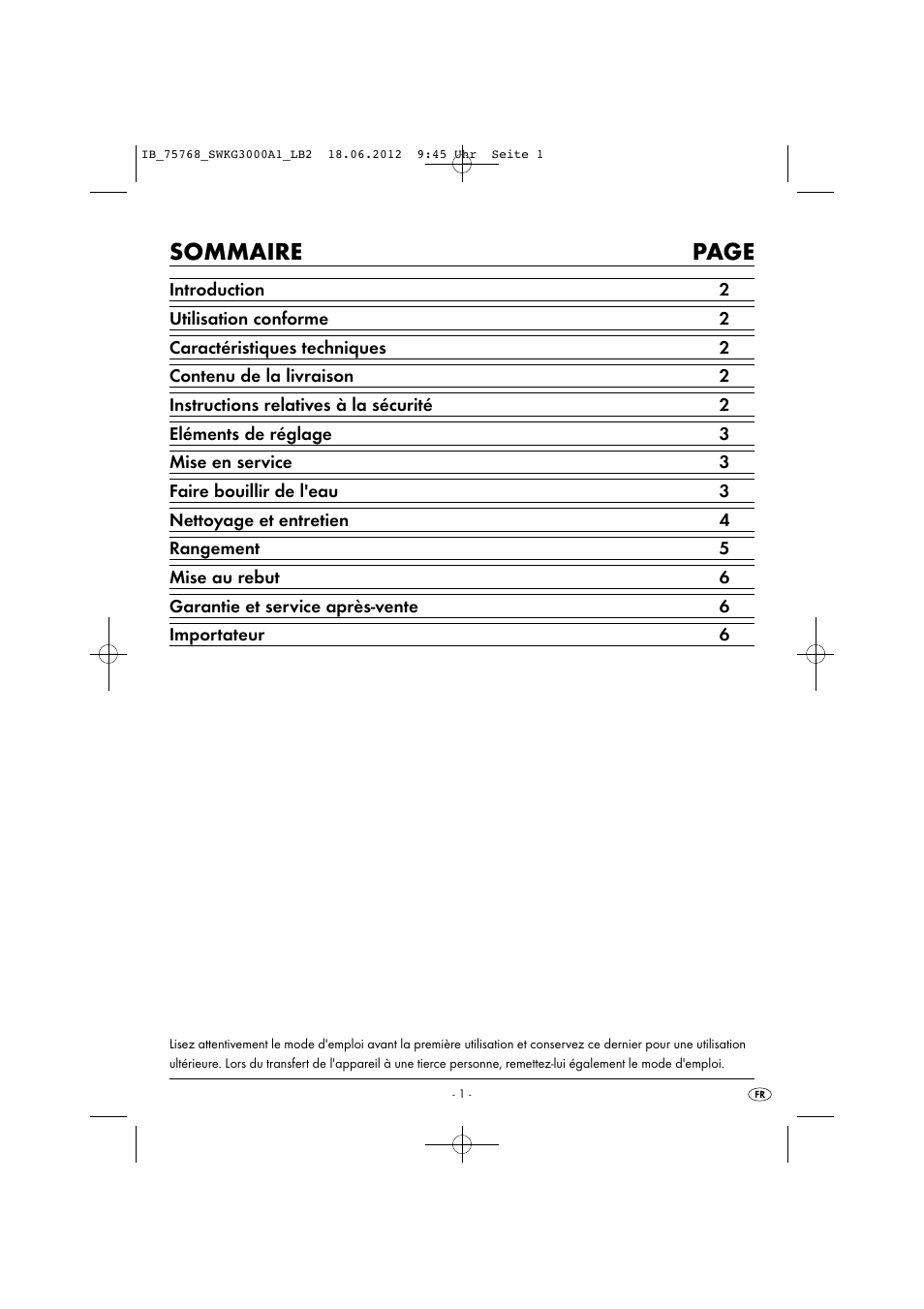 Sommaire page | Silvercrest SWKG 3000 A1 User Manual | Page 3 / 26