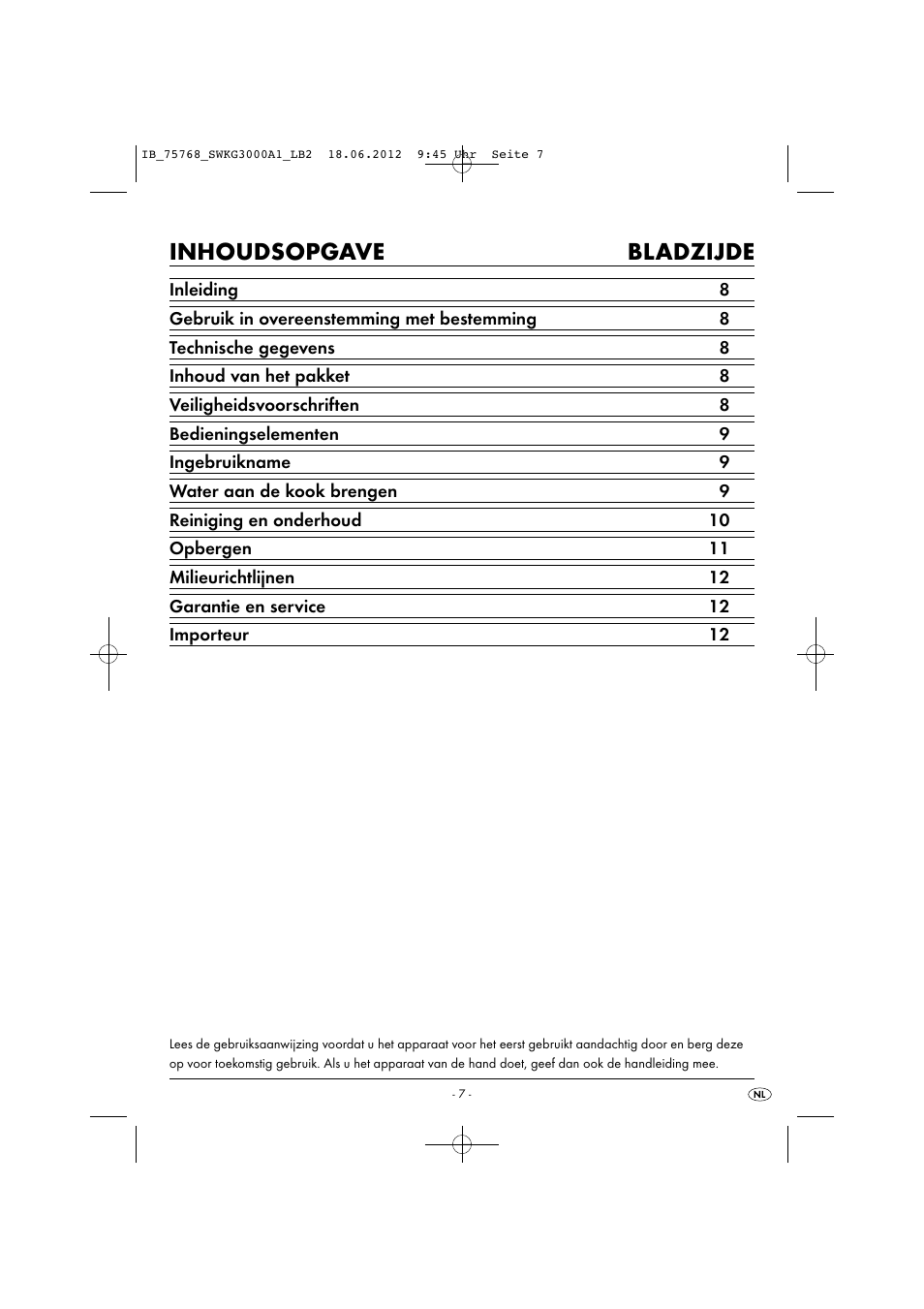 Inhoudsopgave bladzijde | Silvercrest SWKG 3000 A1 User Manual | Page 9 / 26