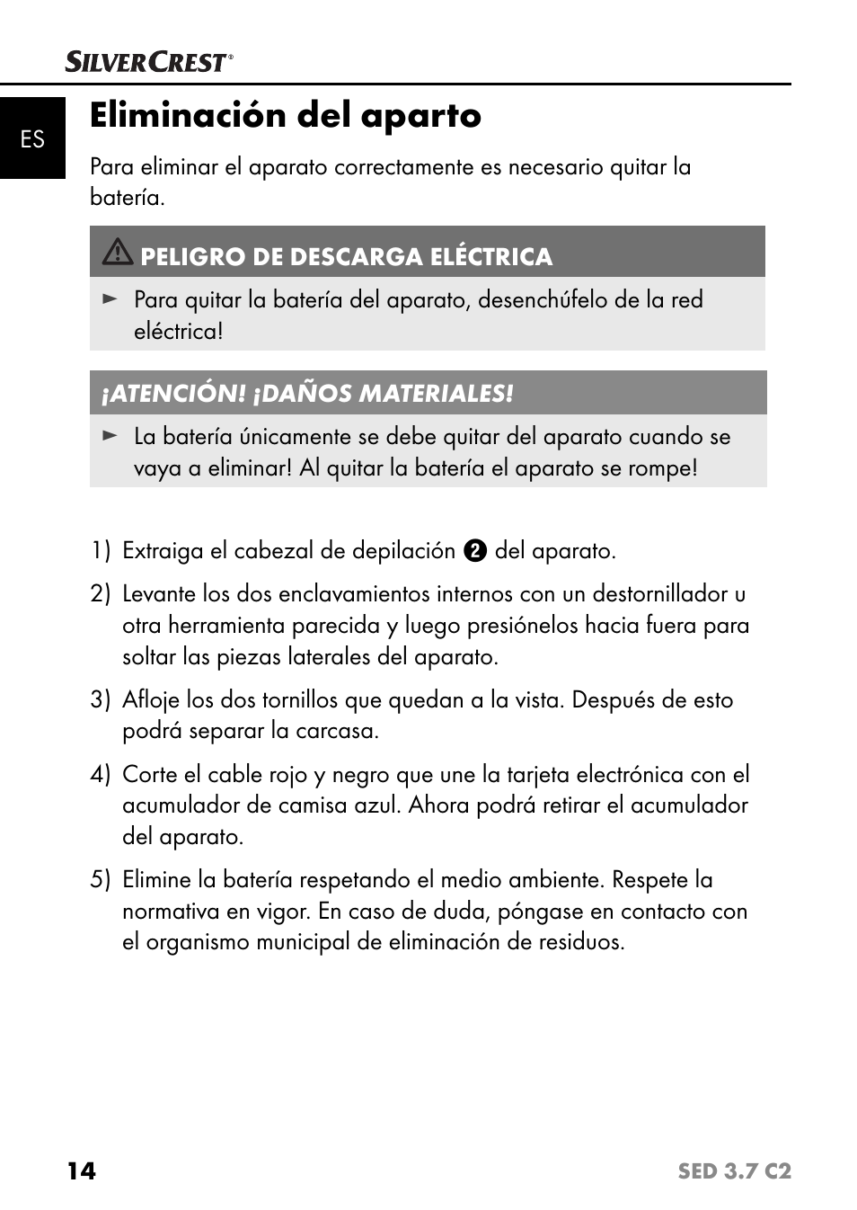 Eliminación del aparto | Silvercrest SED 3.7 C2 User Manual | Page 17 / 84