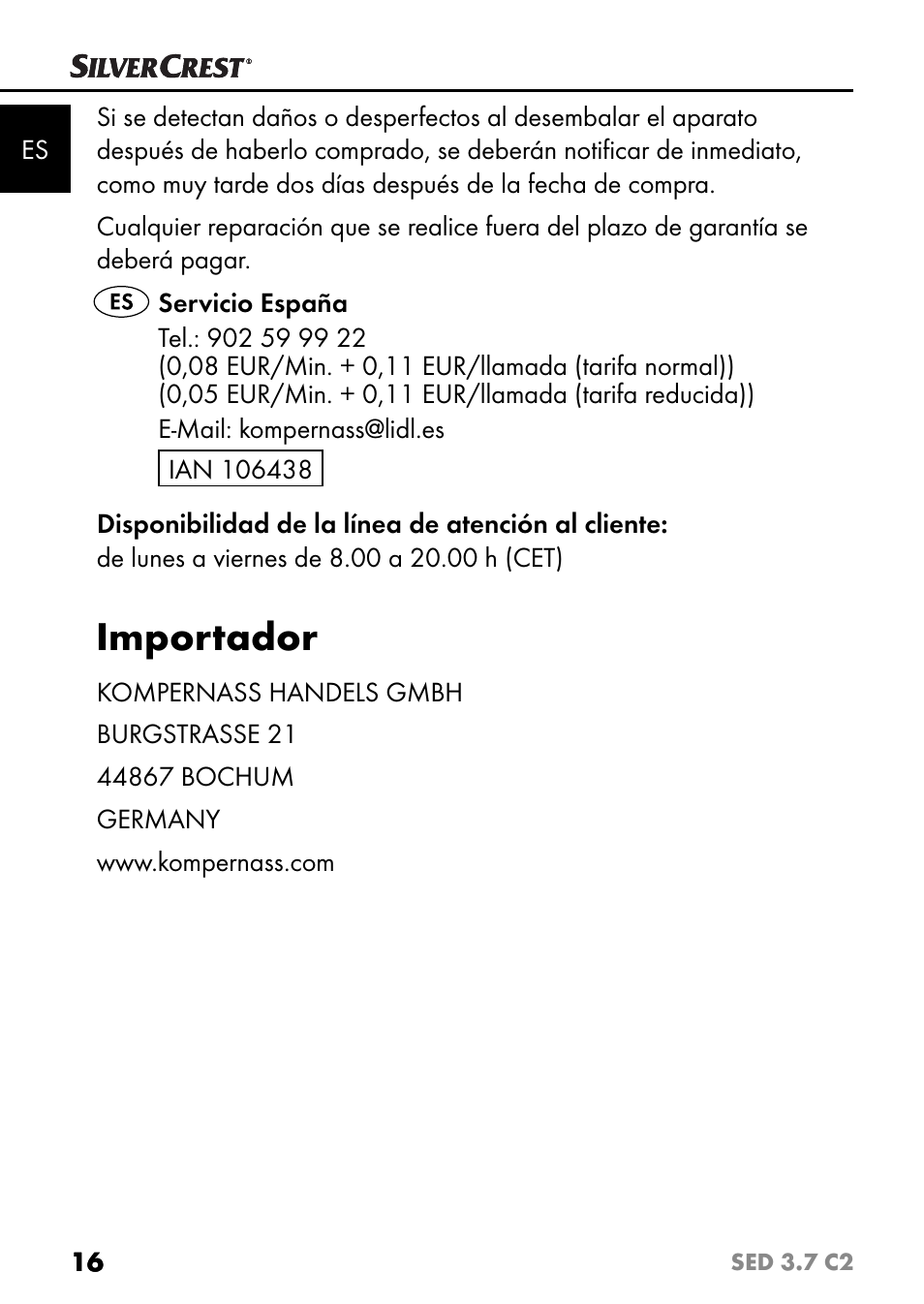 Importador | Silvercrest SED 3.7 C2 User Manual | Page 19 / 84