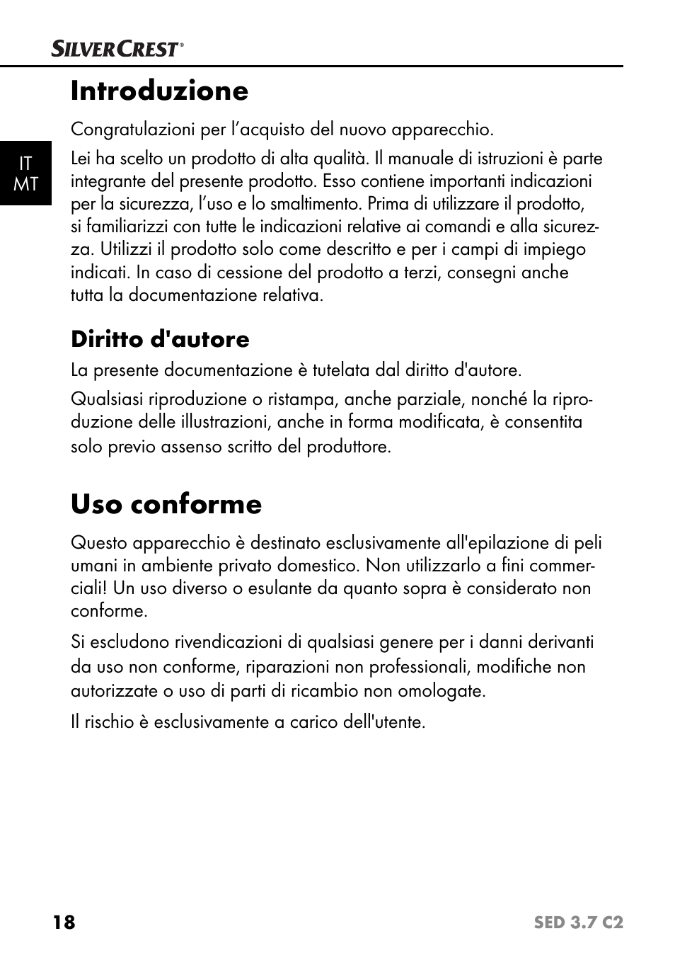 Introduzione, Uso conforme, Diritto d'autore | Silvercrest SED 3.7 C2 User Manual | Page 21 / 84
