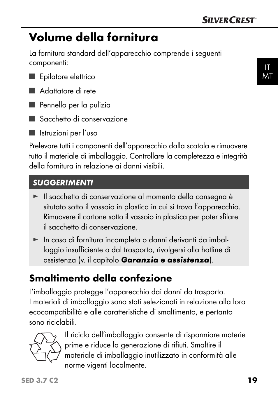 Volume della fornitura, Smaltimento della confezione | Silvercrest SED 3.7 C2 User Manual | Page 22 / 84