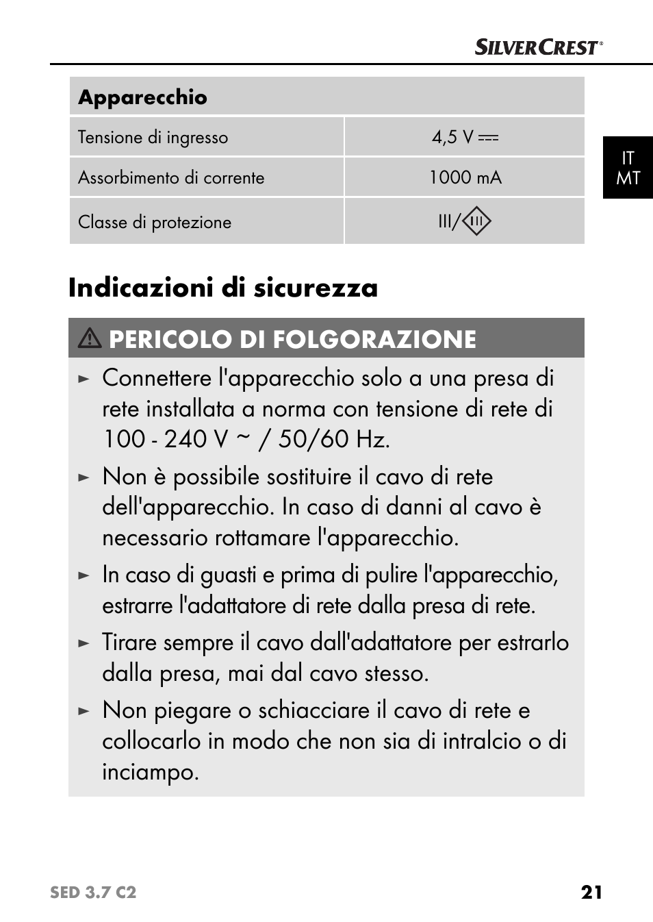 Indicazioni di sicurezza, Pericolo di folgorazione | Silvercrest SED 3.7 C2 User Manual | Page 24 / 84