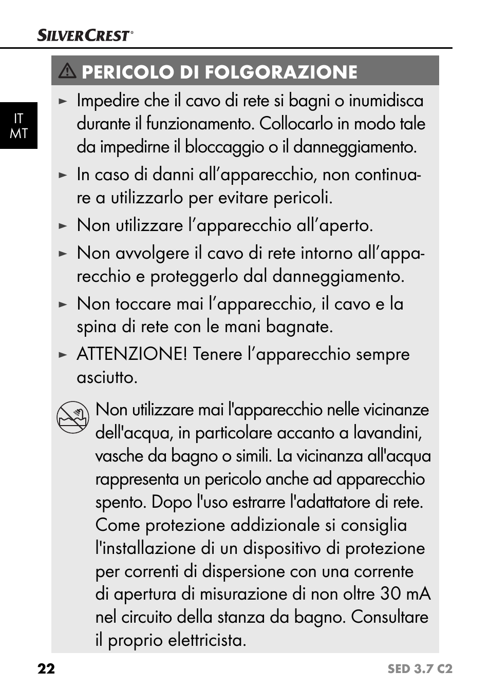 Pericolo di folgorazione, Non utilizzare l’apparecchio all’aperto | Silvercrest SED 3.7 C2 User Manual | Page 25 / 84