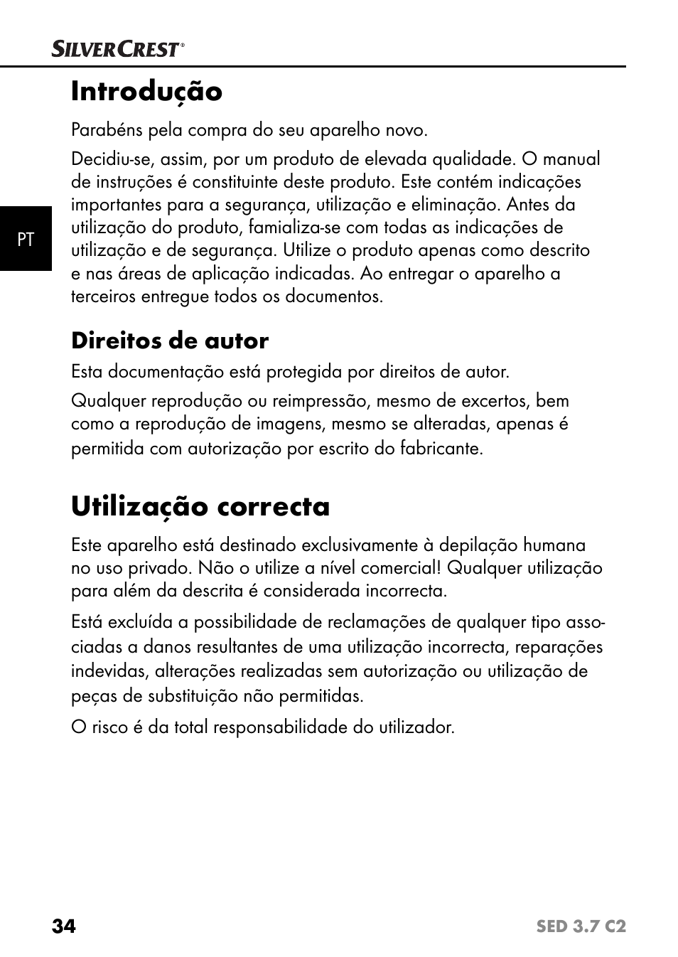 Introdução, Utilização correcta, Direitos de autor | Silvercrest SED 3.7 C2 User Manual | Page 37 / 84