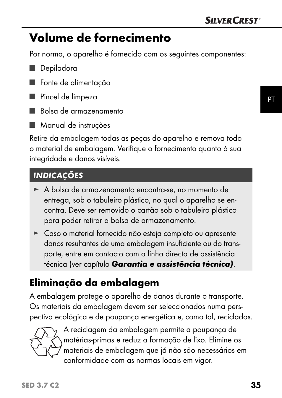 Volume de fornecimento, Eliminação da embalagem | Silvercrest SED 3.7 C2 User Manual | Page 38 / 84