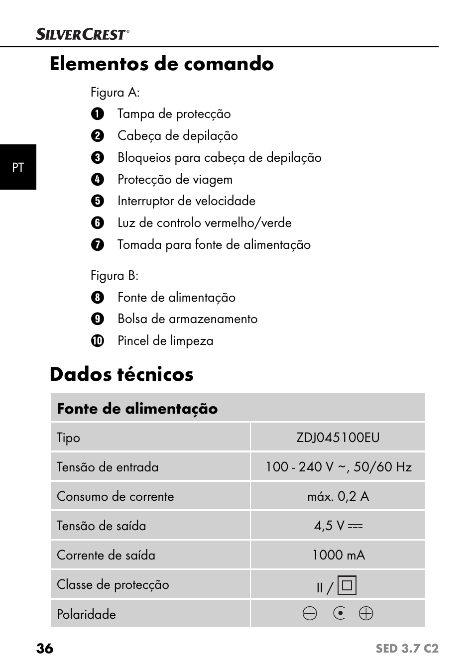 Elementos de comando, Dados técnicos | Silvercrest SED 3.7 C2 User Manual | Page 39 / 84