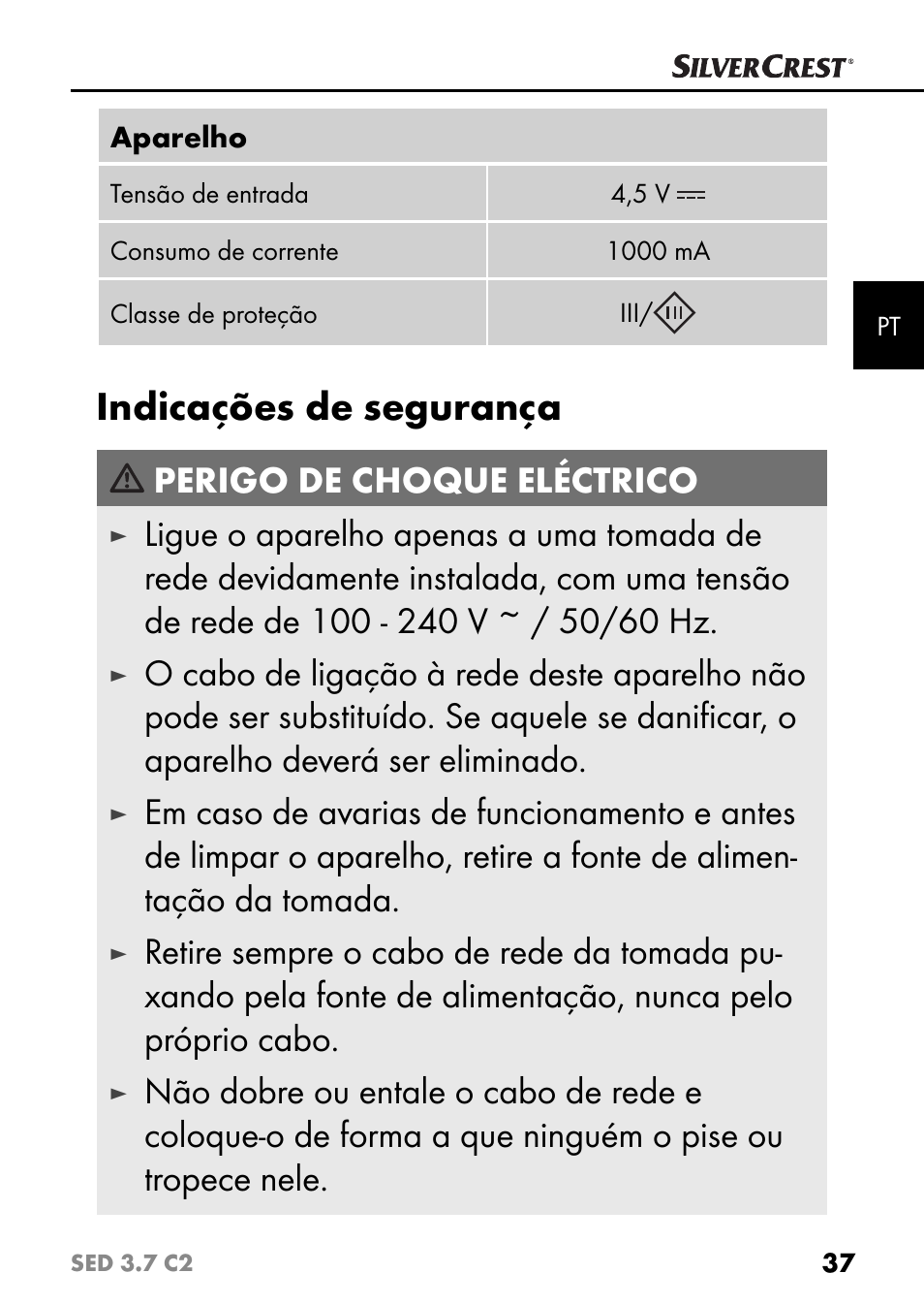 Indicações de segurança, Perigo de choque eléctrico | Silvercrest SED 3.7 C2 User Manual | Page 40 / 84