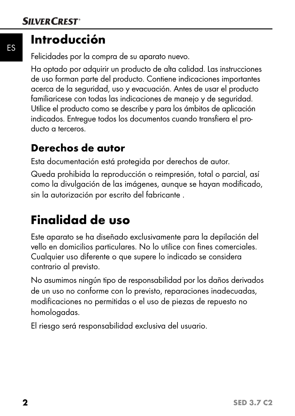 Introducción, Finalidad de uso, Derechos de autor | Silvercrest SED 3.7 C2 User Manual | Page 5 / 84