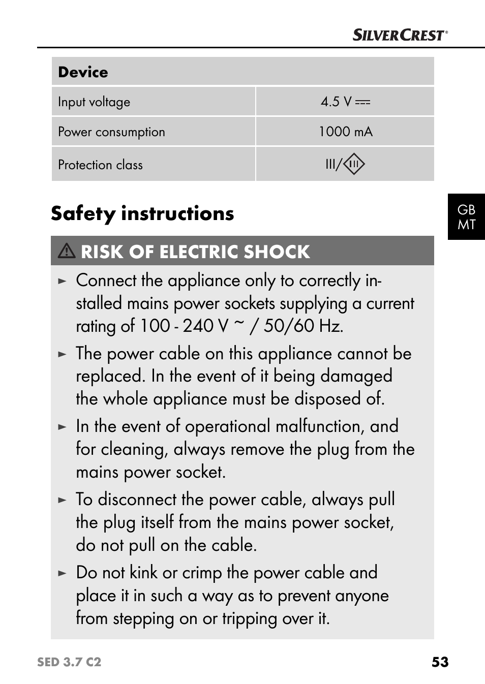 Safety instructions, Risk of electric shock | Silvercrest SED 3.7 C2 User Manual | Page 56 / 84