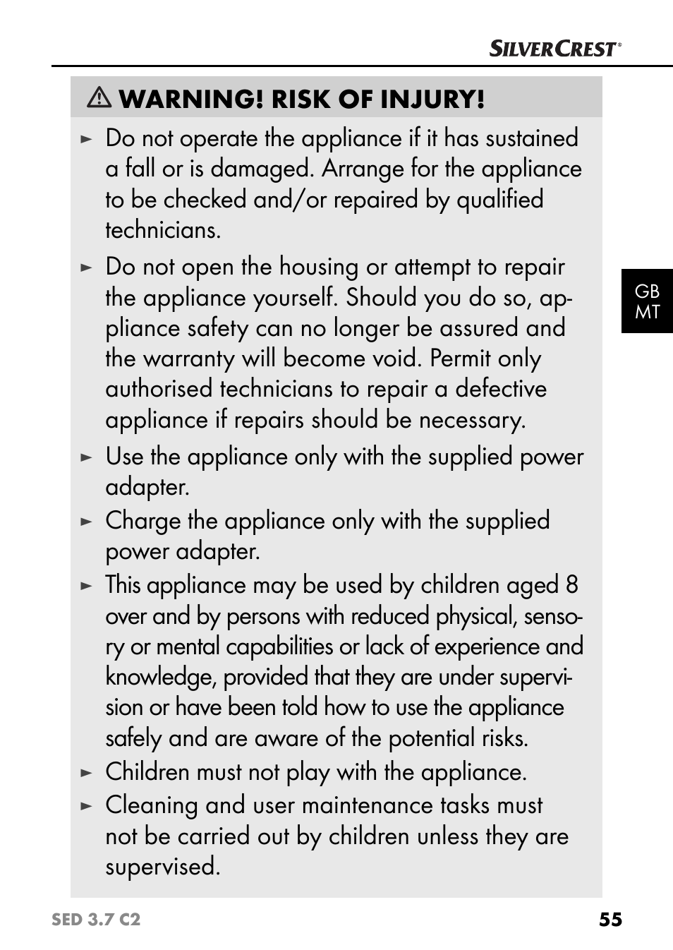 Warning! risk of injury, Children must not play with the appliance | Silvercrest SED 3.7 C2 User Manual | Page 58 / 84