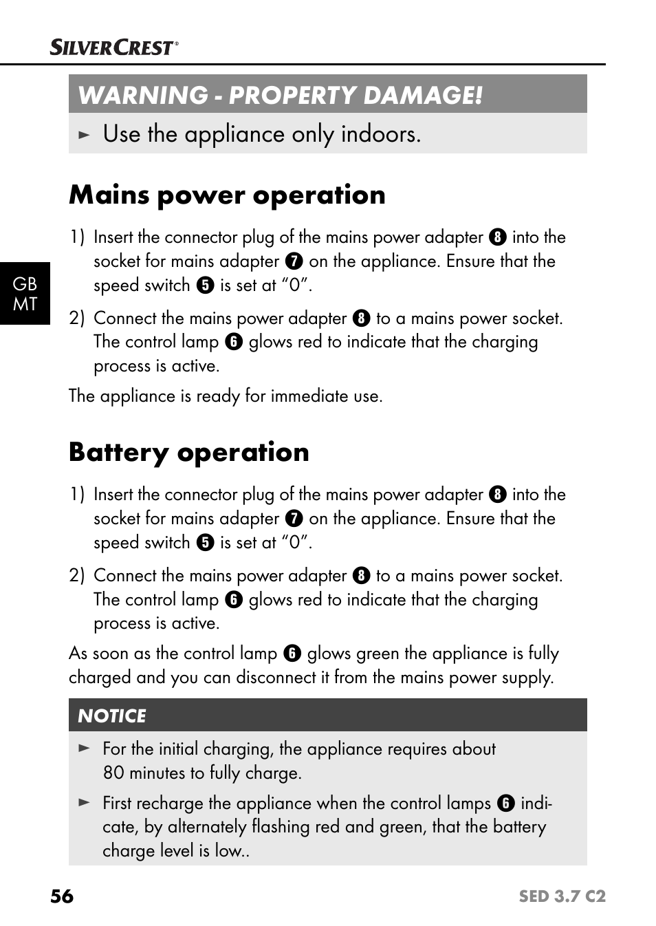 Mains power operation, Battery operation, Warning - property damage | Use the appliance only indoors | Silvercrest SED 3.7 C2 User Manual | Page 59 / 84