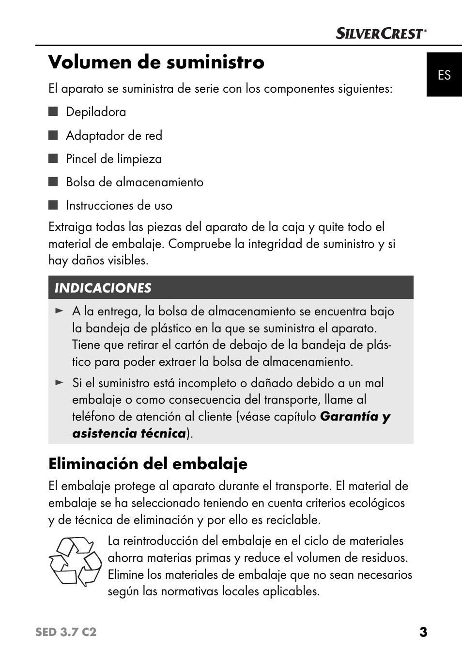 Volumen de suministro, Eliminación del embalaje | Silvercrest SED 3.7 C2 User Manual | Page 6 / 84