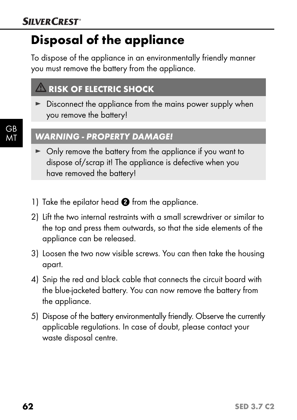 Disposal of the appliance | Silvercrest SED 3.7 C2 User Manual | Page 65 / 84