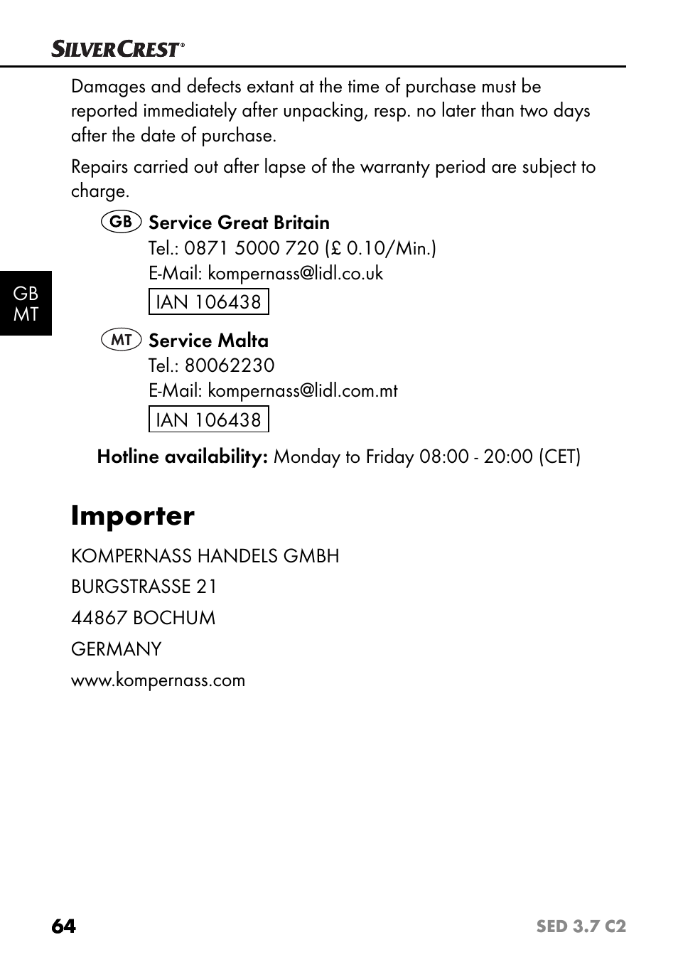 Importer | Silvercrest SED 3.7 C2 User Manual | Page 67 / 84