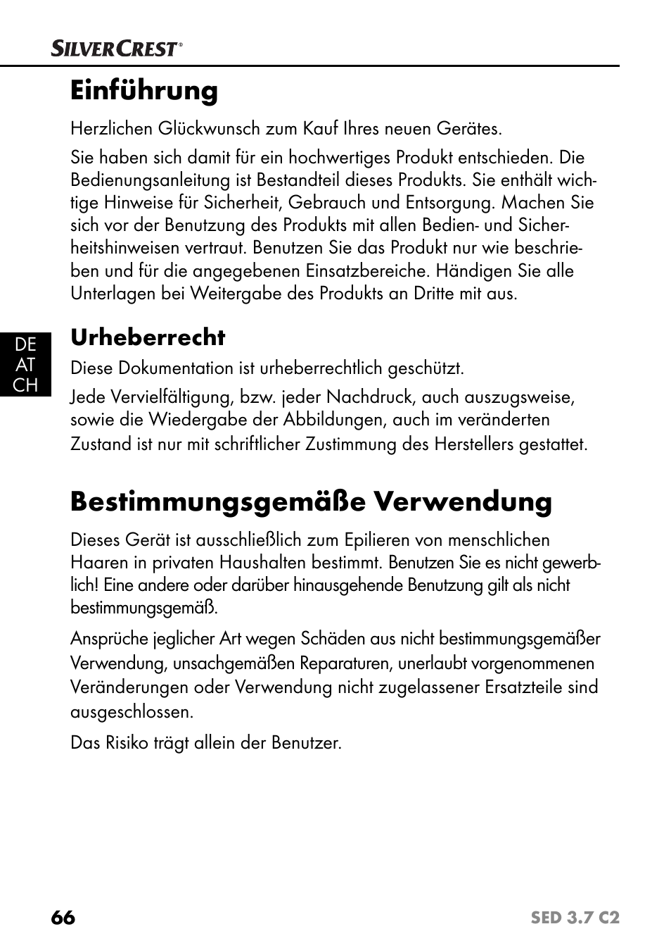 Einführung, Bestimmungsgemäße verwendung, Urheberrecht | Silvercrest SED 3.7 C2 User Manual | Page 69 / 84