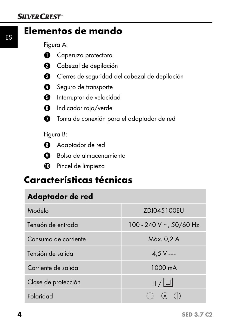 Elementos de mando, Características técnicas | Silvercrest SED 3.7 C2 User Manual | Page 7 / 84