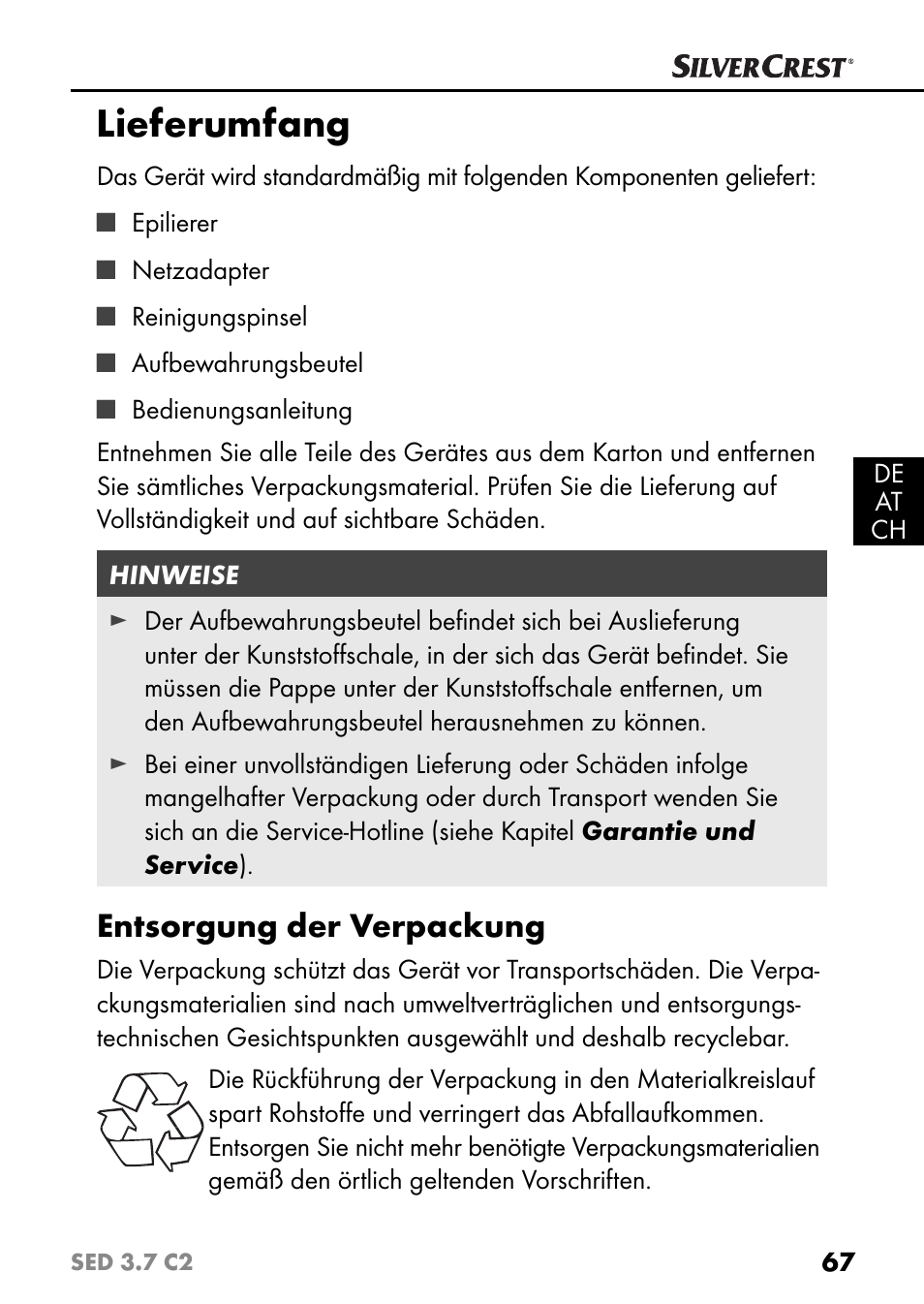 Lieferumfang, Entsorgung der verpackung | Silvercrest SED 3.7 C2 User Manual | Page 70 / 84