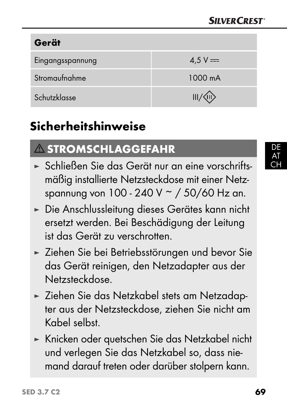 Sicherheitshinweise, Stromschlaggefahr | Silvercrest SED 3.7 C2 User Manual | Page 72 / 84