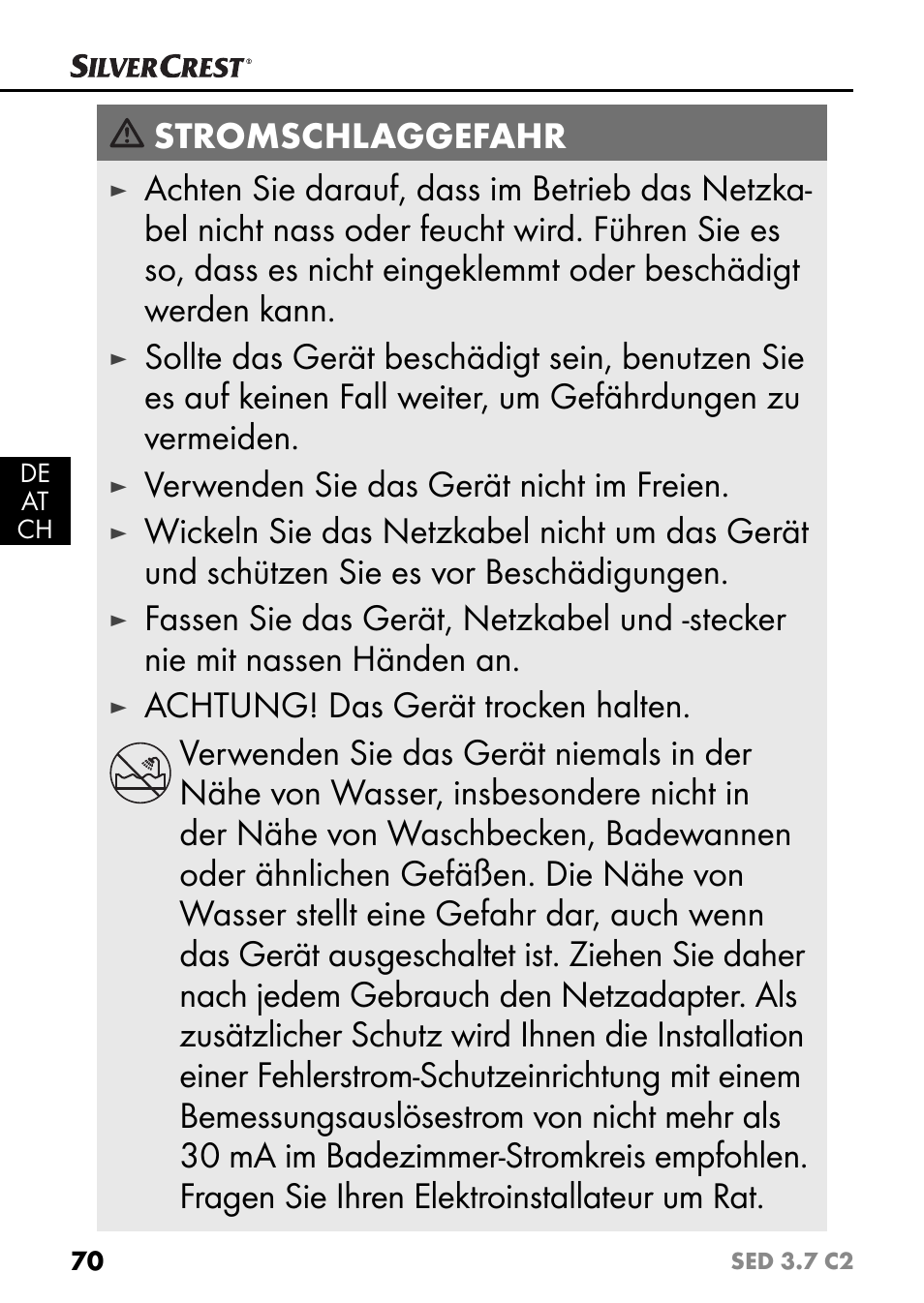 Stromschlaggefahr, Verwenden sie das gerät nicht im freien | Silvercrest SED 3.7 C2 User Manual | Page 73 / 84